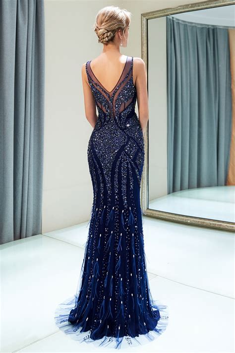 elegant navy blue beaded designer evening dresses luxury mermaid straps v neck floor length prom