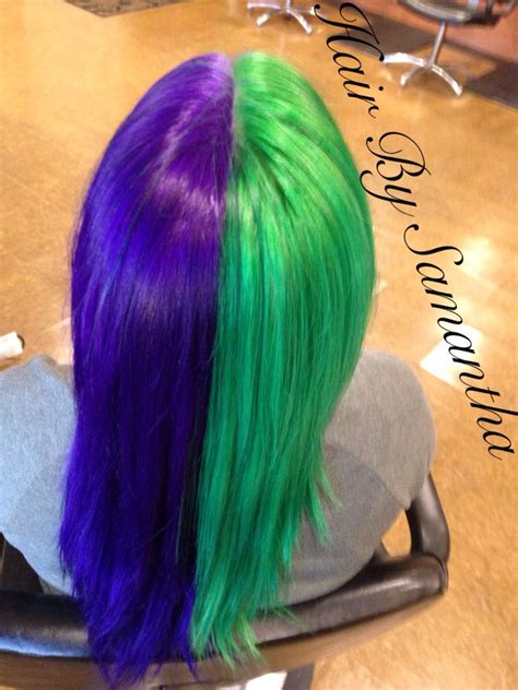 Half And Half Green And Purple Hair In 2019 Half Dyed