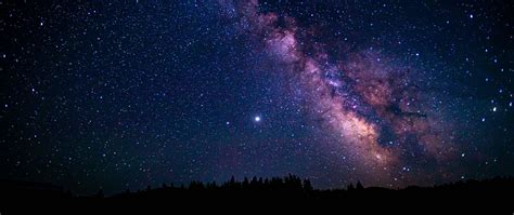 Download Wallpaper 2560x1080 Nebula Night Starry Sky Trees Stars