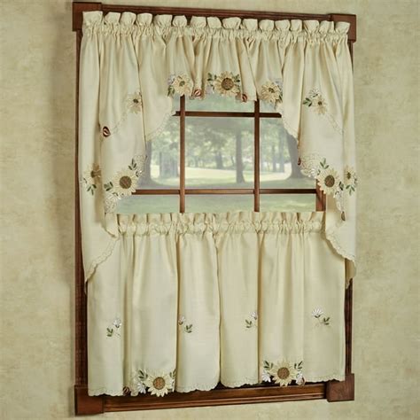 Sunflower Cream Embroidered Kitchen Curtains 36 Tier Swag And Valance