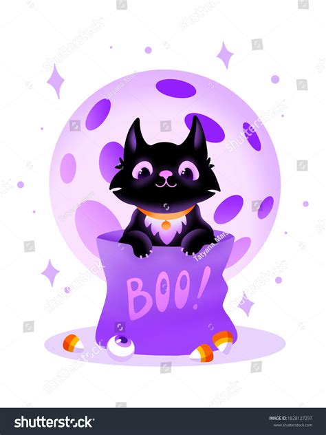 Cute Black Cat Full Moon Halloween Stock Illustration 1828127297
