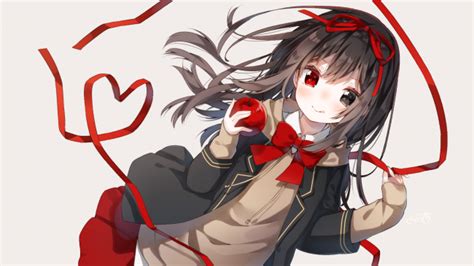 Wallpaper Anime Girl Brown Hair Ribbon Heart Cute Apple Red Eye Wallpapermaiden