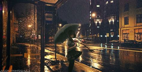 Hd Wallpaper Anime Art Anime Girl Rain Sadness City Night Rainy
