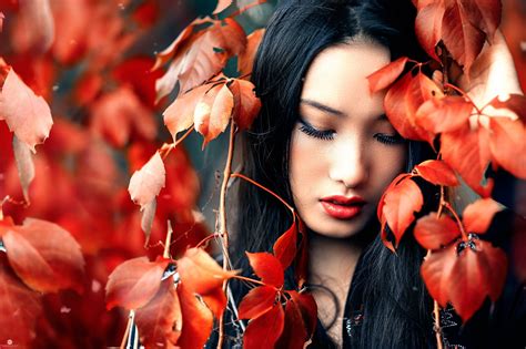 Wallpaper Face Fall Leaves Women Model Closed Eyes Red Asian