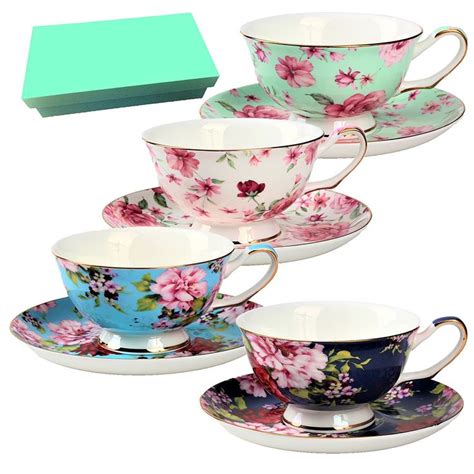 Btat Tea Cups Tea Cups And Saucers Set Of 4 Tea Set Floral Tea Cups 8oz Tea Cups And
