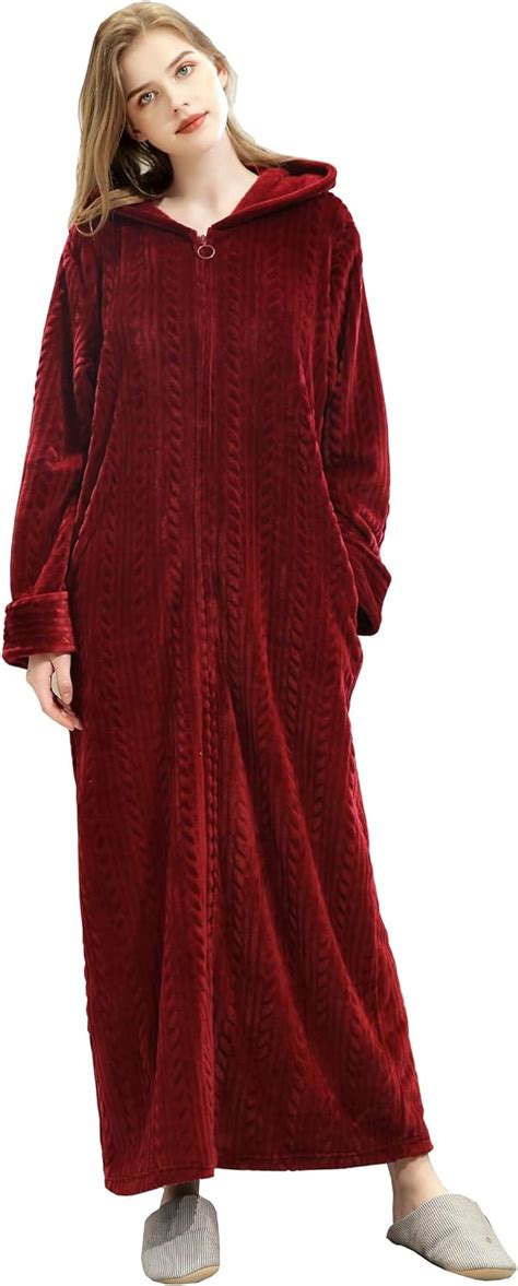Women Full Length Dressing Gown Ladies Hooded Zipped Fleece Fluffy Towelling Bathrobe Winter