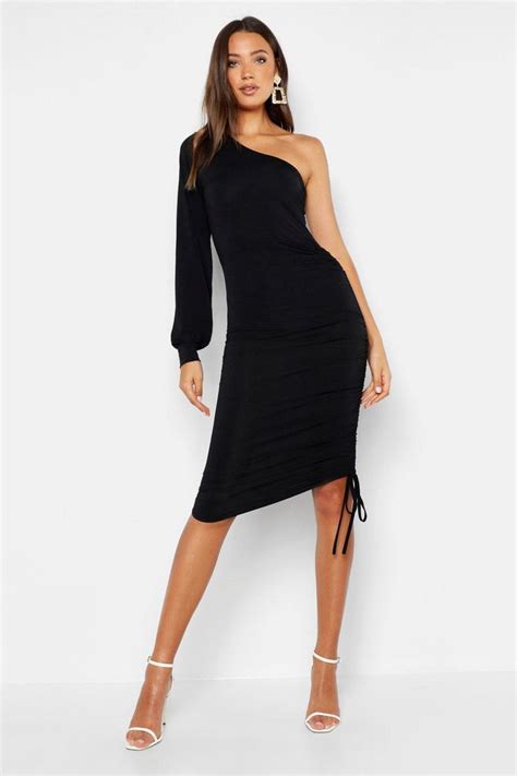 Womens Tall Slinky One Shoulder Ruched Midi Dress Black 2 Fashion