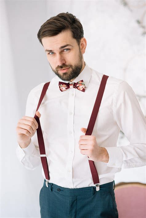 Burgundy Roses Bow Tie Wedding Outfit Suspenders With Roses Etsy In