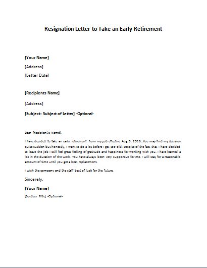 This accessible letter template includes an end date and an offer to discuss transition of job duties to your successor. Early Retirement Resignation Letter Sample | writeletter2.com