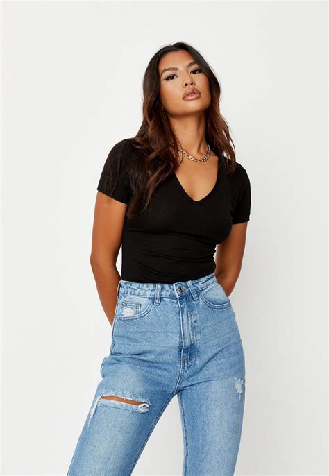 Black V Neck Fitted T Shirt Missguided