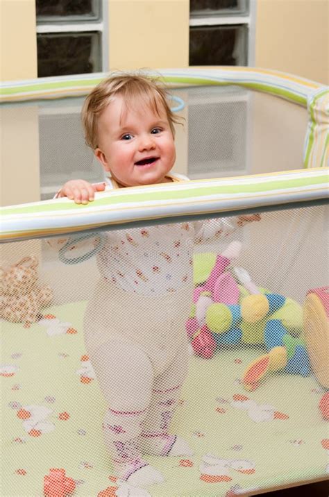Baby Girl In Playpen Stock Photo Image Of Enclosed Coloured 18000216