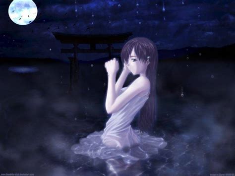 Anime Girls Night Moonlight Lake Wallpapers Hd