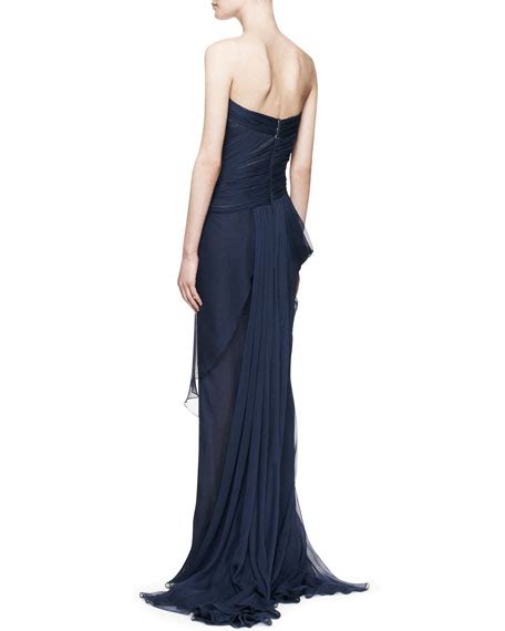 J Mendel Strapless Silk Gown With Pleated Bodice Bleu Roi