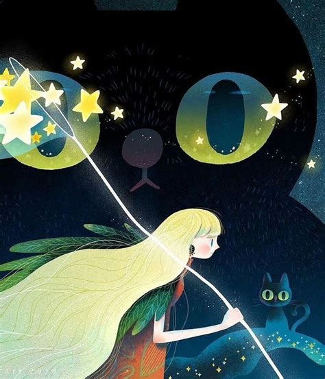 A Painting Of A Girl Holding A String With Stars On It And A Cat In The