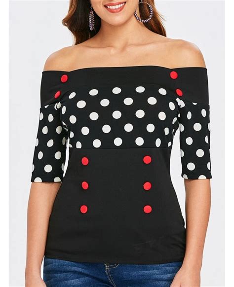 Polka Dot Insert Button Embellished Top Black C Size S