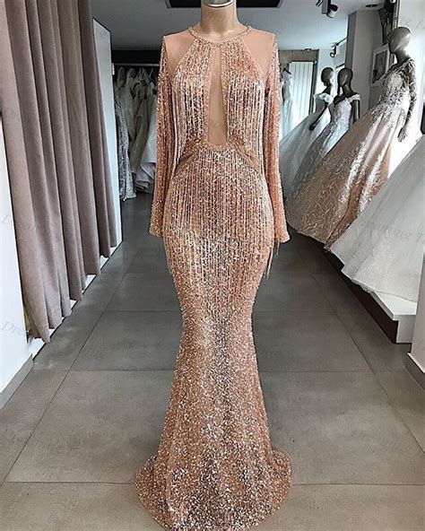 Sparkly Sequin Golden Women Prom Dresses 2019 With Long Sleeve O Neck
