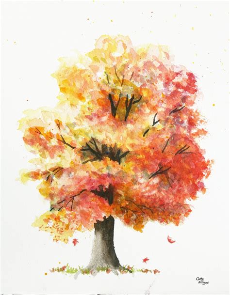 Autumn Tree Original Watercolor Painting By Cathy Hillegas