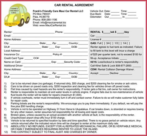 12 Free Car Rental Lease Agreement Forms And Templates