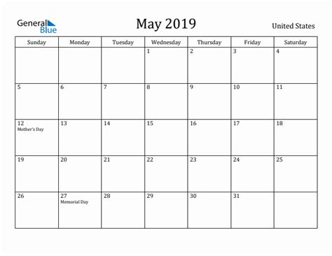 May 2019 Monthly Calendar With United States Holidays
