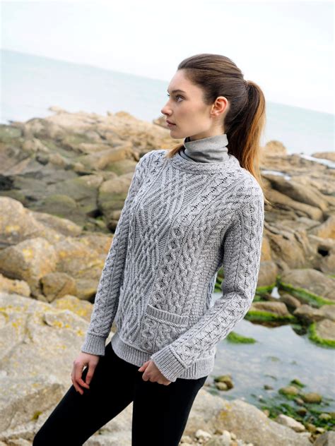 Cable Crew Neck Sweater With Pockets The Irish Celtic Craft Shop