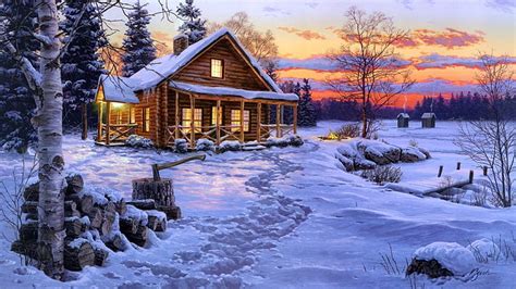 Artistic Winter Cabin Snow Sunset Hd Wallpaper Wallpaperbetter