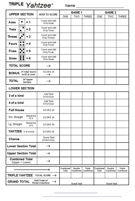 Free Triple Yahtzee Scoresheet Pdf 48kb 1 Pages