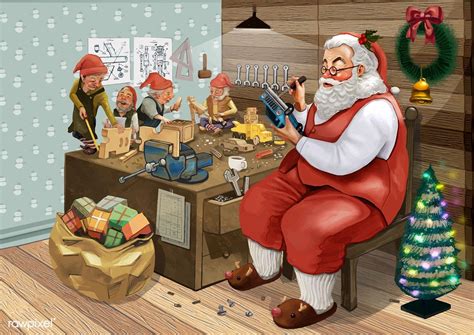 Hand Drawn Santa Claus Making Christmas Presents With His Elves In A