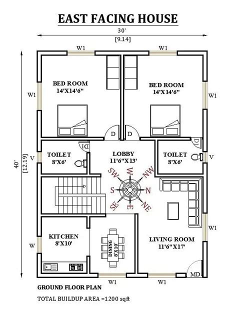 30x40 East Facing House Plan Is Given As Per Vastu Shastra In This
