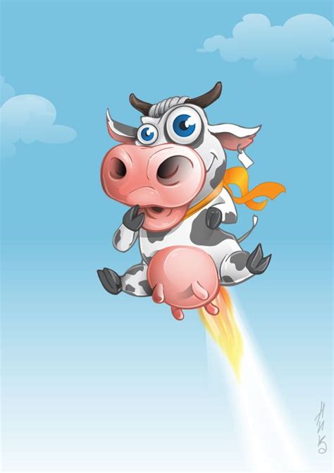 A Cartoon Cow Flying Through The Air With A Rocket In Its Back End