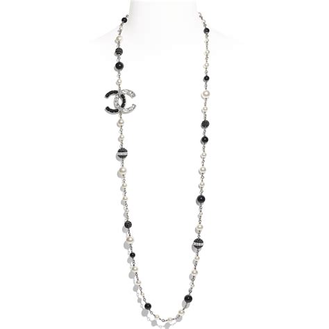 Metal Glass Pearls And Strass Silver Pearly White Black And Crystal Long