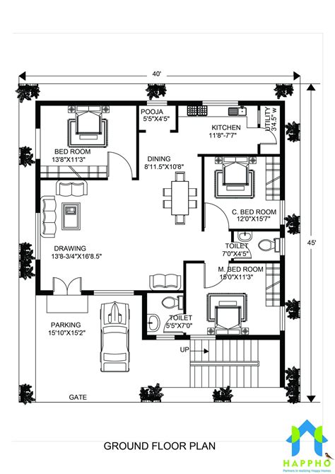 Floor Plan For 40 X 45 Feet Plot 3 Bhk 1800 Square Feet200 Sq Yards