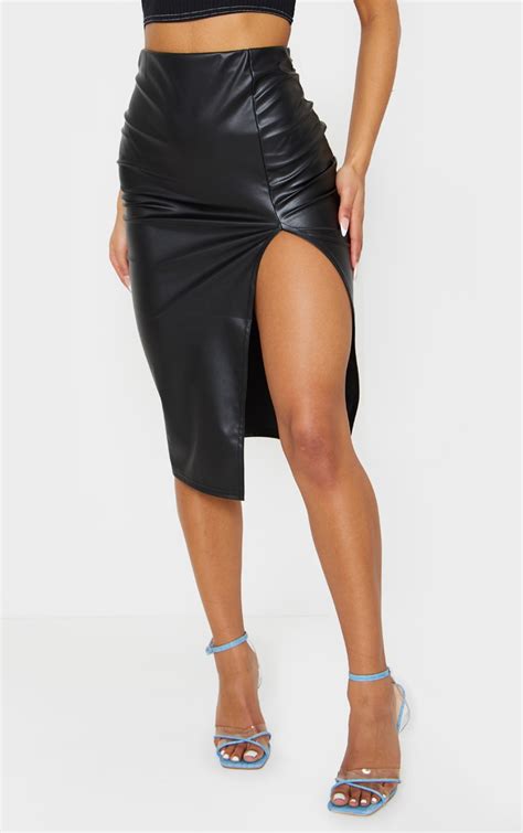 Black Faux Leather Extreme Side Split Midi Skirt Prettylittlething Uae
