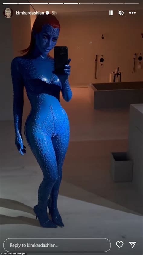 kim kardashian oozes sex appeal in blue latex costume as x men s mystique daily mail online