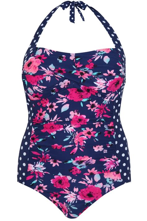 Navy Vintage Floral And Polka Dot Halter Swimsuit Plus Size 16 To 32