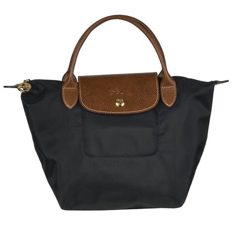 Longchamp Mini Le Pliage Black Nylon Brown Leather Handle Tote Bag