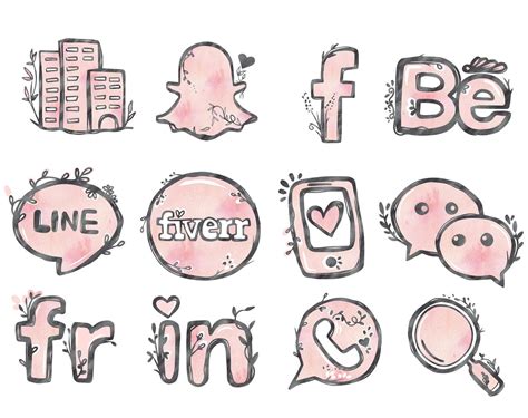 48 Hand Drawn Social Media Icons Watercolor Pink Blog Buttons Graphics