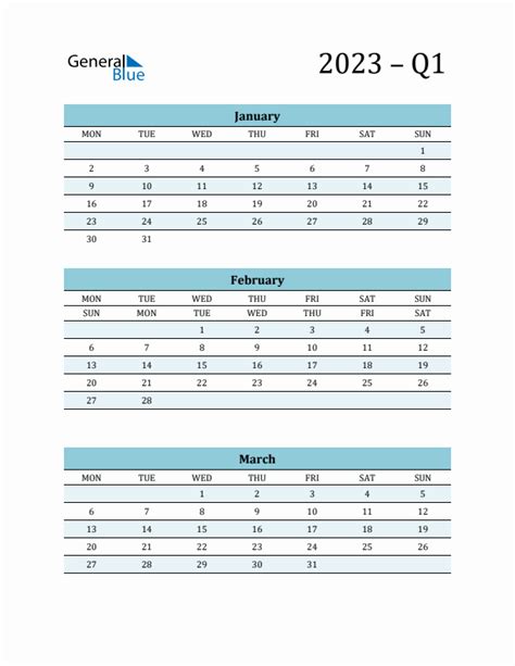 Blank Q1 Quarterly Calendar 2023 January February And March