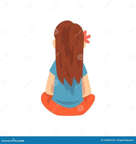 Girl Sitting On Floor Little Preschool Kid Character View From Behind