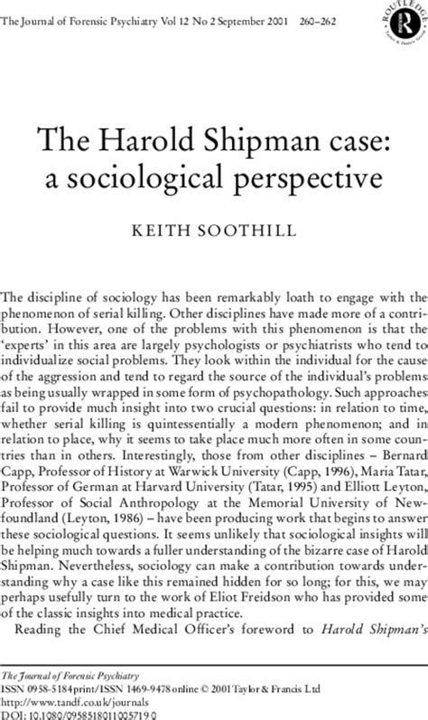 The Harold Shipman Case A Sociological Perspective The Journal Of