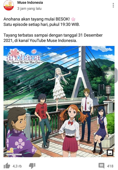 Anime Anohana Sub Indo Tayang Di Muse Indonesia Mulai 5 November 2021