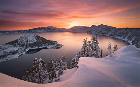 Crater Lake Oregon Usa Sunset Winter Landscape Photography Hd Wallpapers For Desktop 1920x1080 ...