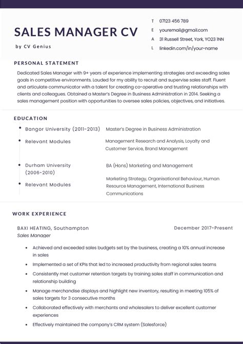 Sales Manager Cv Example And Skills Free Download