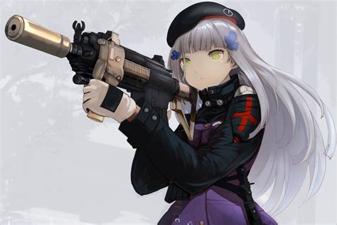 Safebooru 1girl Assault Rifle Bangs Beret Black Headwear Buttons Closed Mouth Ginji74 Girls