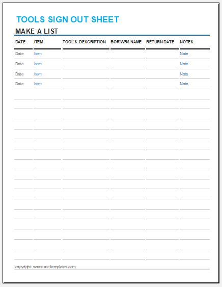 Tools Sign Out Sheet Template For Excel Word And Excel