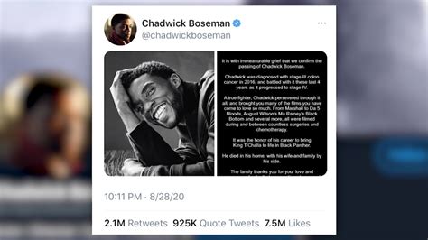 Chadwick Bosemans Final Twitter Post Announcing His Death Is The Most Retweeted Of 2020 Wmsn