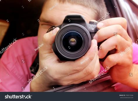 Man Looking Through Viewfinder Lefthanded Camera Stock Photo 709515346