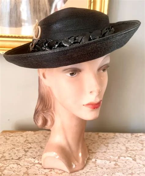 Vintage 1950s Shiny Black Straw Wide Brim Hat W Upturned Brim 4000