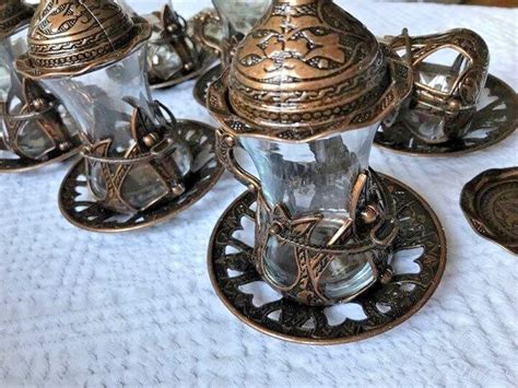 Turkish Tea Set Of Copper Movable Holder Bowl Glass Cup Ottoman