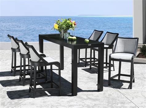 Outdoor bar set with bar height table and some tall stools with footrests and simple board backrests. Outdoor Bar Table And Stools Sets Height Broyhill Patio ...
