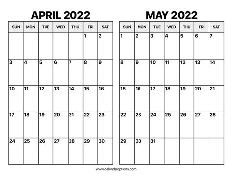 April And May 2022 Calendar Calendar Options